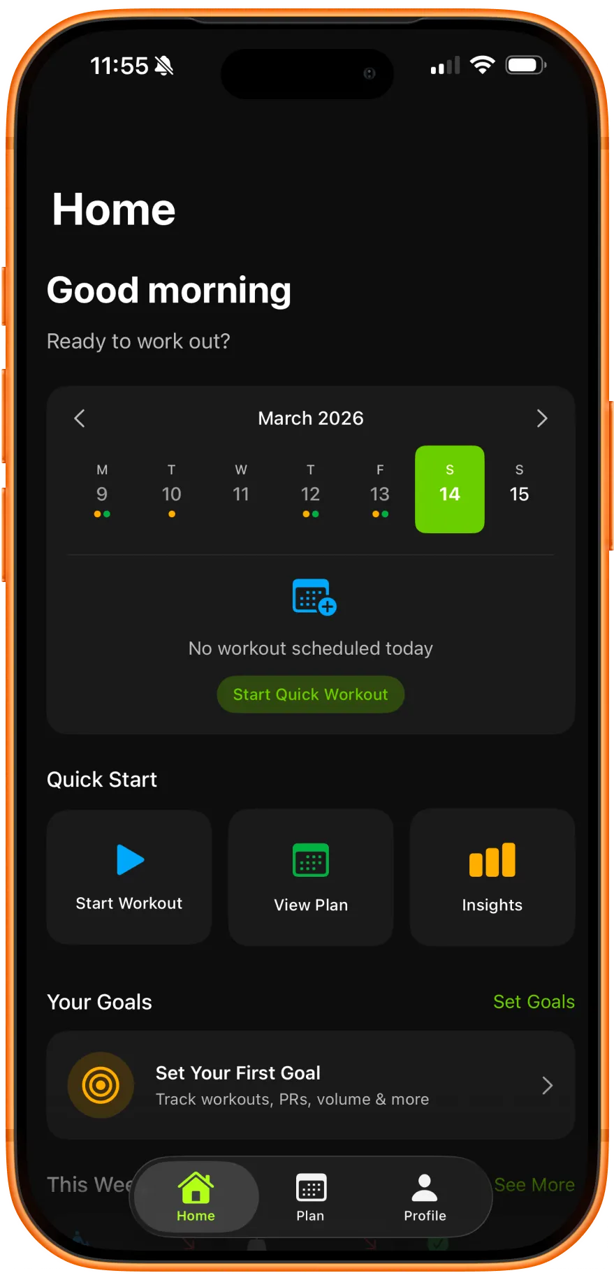 Home view - Your fitness dashboard at a glance