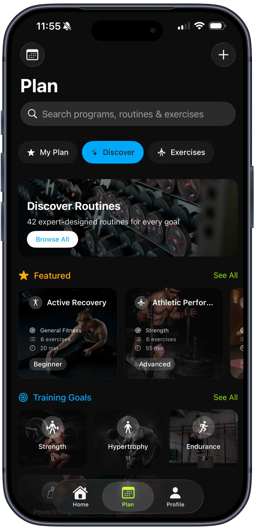 Plan view - Browse and organize your workout plans